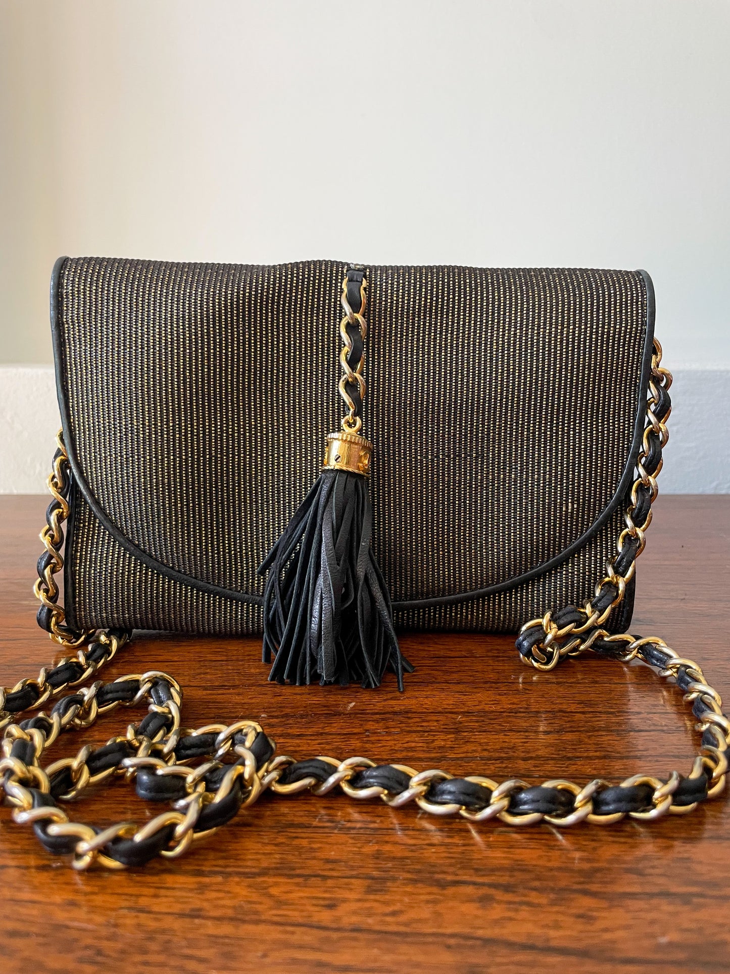 CHANEL Vintage Small Tassel Bag Black and Gold