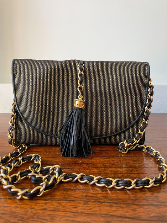 CHANEL Vintage Small Tassel Bag Black and Gold